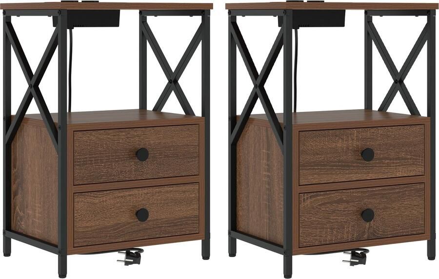 VidaXL Nachtkastje met Oplaadstation met lade 2 pcs bruin eikenkleur