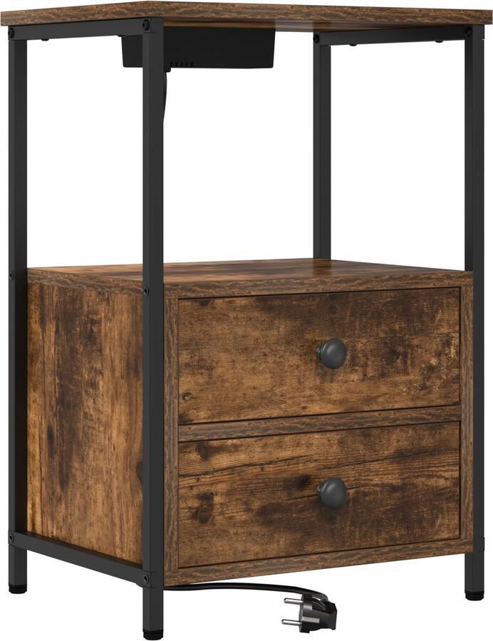 VidaXL Nachtkastje met Oplaadstation Gerookt eiken Bewerkt hout
