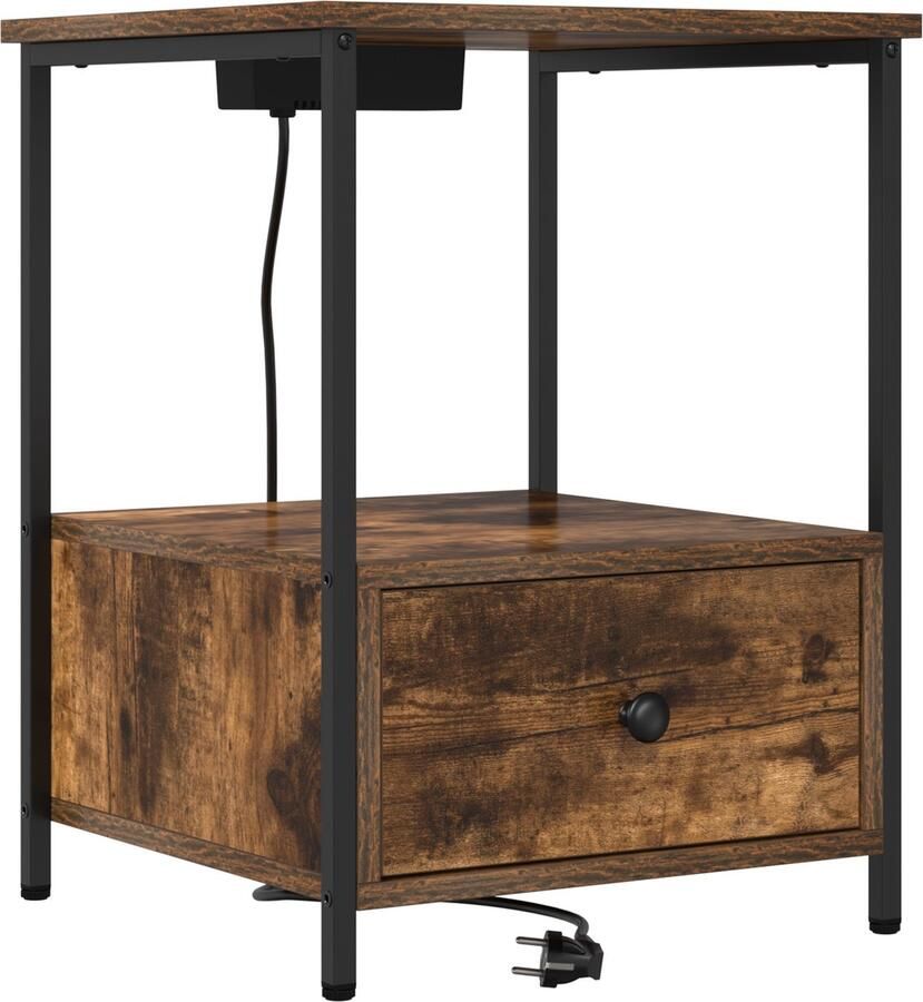 VidaXL Nachtkastje met Oplaadstation Gerookt eiken Bewerkt hout