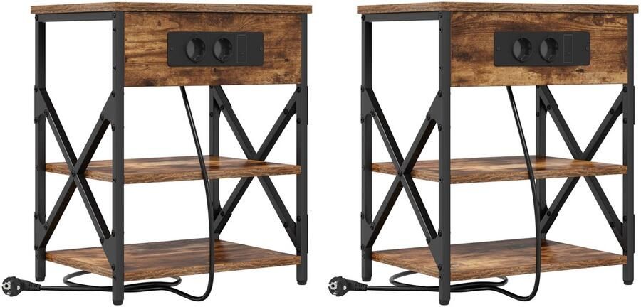 VidaXL Nachtkastje met Oplaadstation 2 pcs Gerookt eiken Bewerkt hout