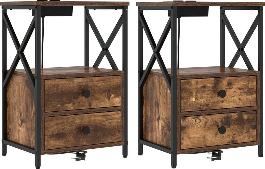 VidaXL Nachtkastje met Oplaadstation 2 pcs Gerookt eiken Bewerkt hout