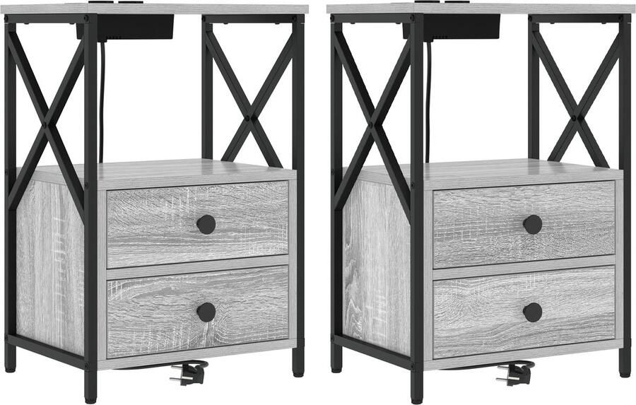 VidaXL Nachtkastje met Oplaadstation 2 pcs Grijs sonoma Bewerkt hout