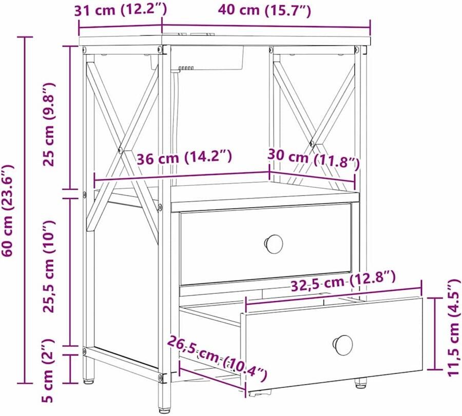 VidaXL Nachtkastje met Oplaadstation met lade Zwart eiken Bewerkt hout