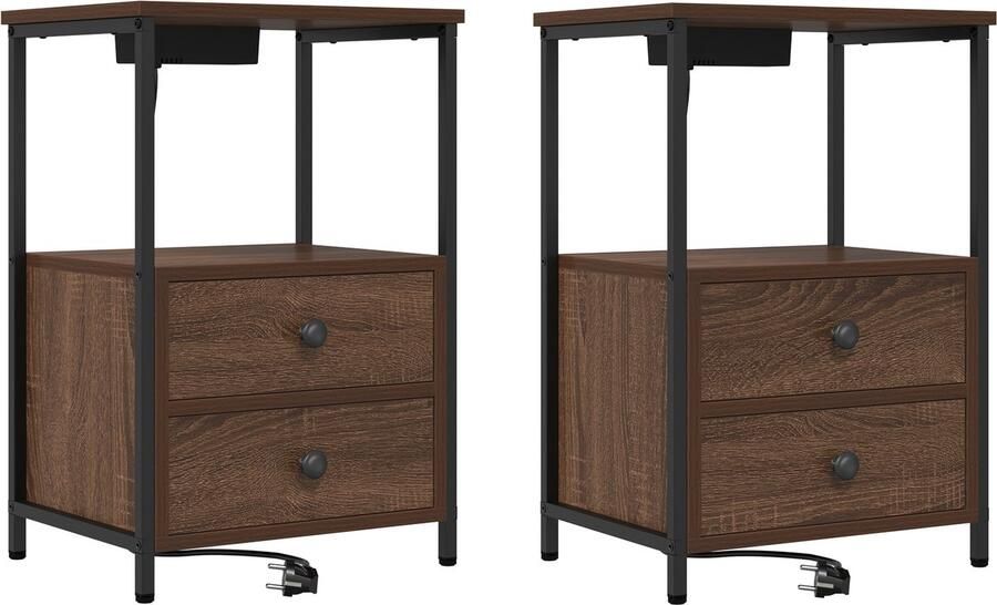 VidaXL Nachtkastje met Oplaadstation met lade met opslag 2 pcs bruin eikenkleur