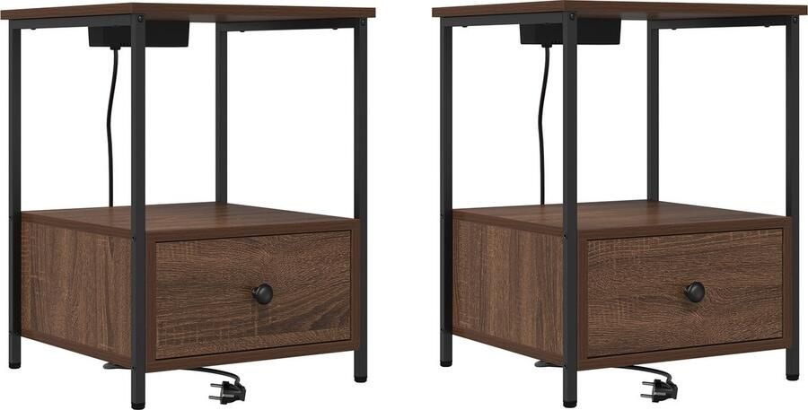 VidaXL Nachtkastje met Oplaadstation met lade 2 pcs bruin eikenkleur