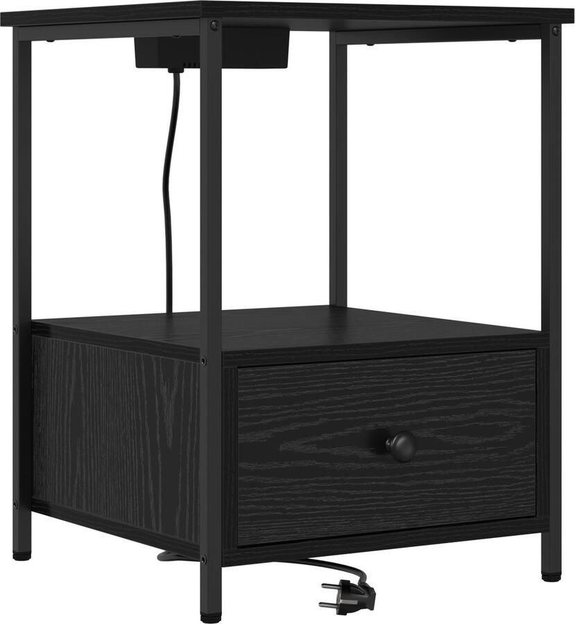 VidaXL Nachtkastje met Oplaadstation met lade Zwart eiken Bewerkt hout