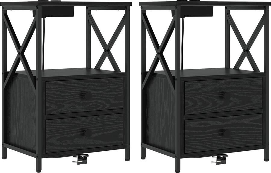 VidaXL Nachtkastje met Oplaadstation met lade Zwart eiken Bewerkt hout