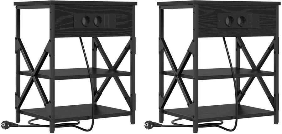 VidaXL Nachtkastje met Oplaadstation 2 pcs Zwart eiken Bewerkt hout