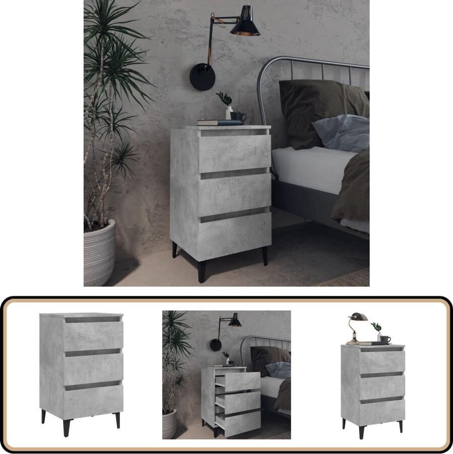 VidaXL Nachtkastje Metalen poten 40x35x69 cm Betongrijs Nachtkastje Kastje Slaapkamerserie Industrieel Meubilair Betonlook Houten Kast Nachtlampje