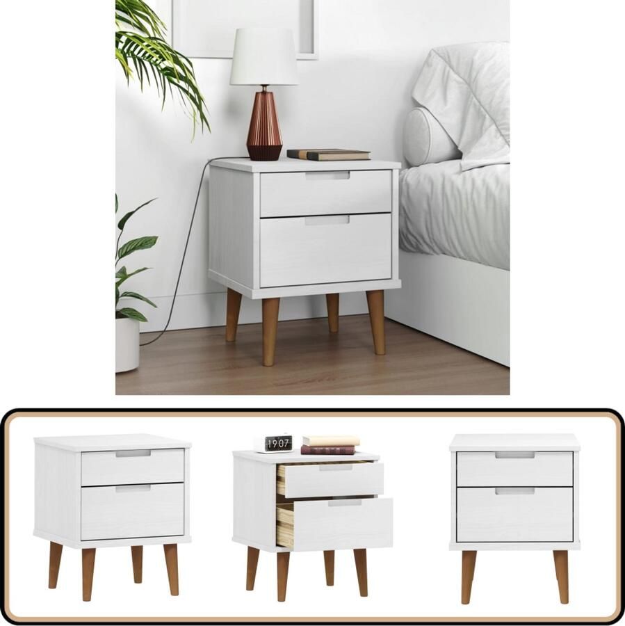 VidaXL Nachtkastje MOLDE Wit Massief Grenenhout Nachtkastje Scandinavisch Design Grenenhout Witte Kleur UV-lak