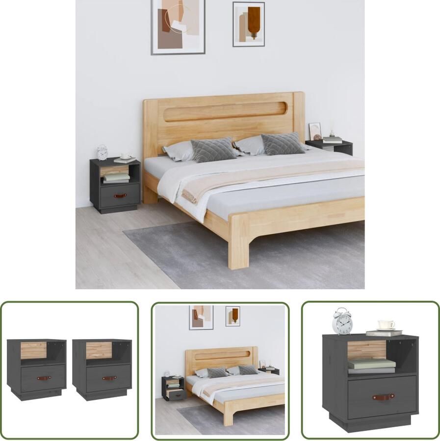 The Living Store Nachtkastjes 2 st 40x34x45 cm massief grenenhout grijs Nachtaandkast Nachtkastje Slaapkamermeubel Hout Meubel Grenoblehouten Meubel - Foto 2