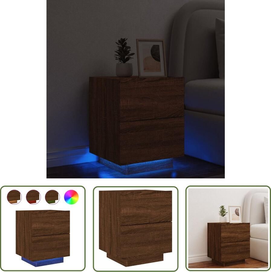 The Living Store Nachtkastje met LED-verlichting bewerkt hout bruin eikenkleur Nachtkast Nachtkastje Led Lamp Houten Kast Bruin Meubilair