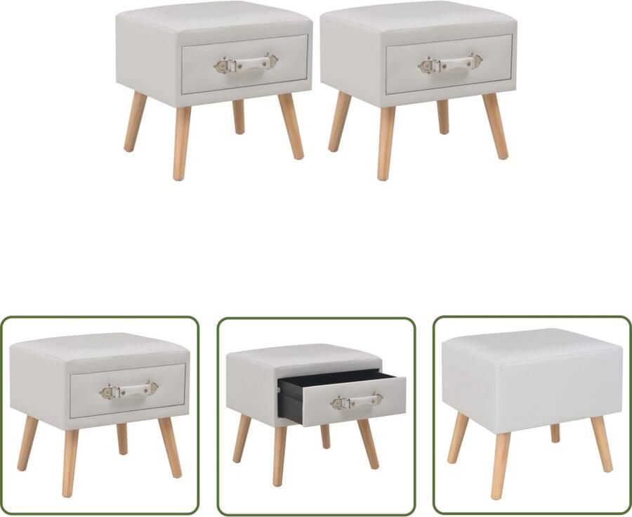 The Living Store Nachtkastje Nachtkastjes Afmetingen- 40 x 35 x 40 cm Kleur- wit Materiaal- kunstleer en massief grenenhout Met 1 lade Set van 2 Nachtkast Nachtkastje Slaapkamers Meubilair Witte Meubelstukken - Foto 2