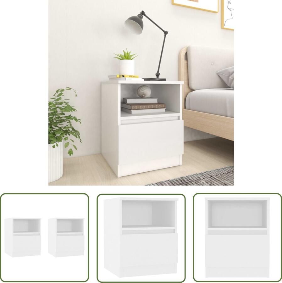 The Living Store Bedkastjes Wit bewerkt hout 40x40x50 cm Met lade en schap Nachtkast Nachtkastje Bedkast Slaapkamermeubel Houten Meubel - Foto 2