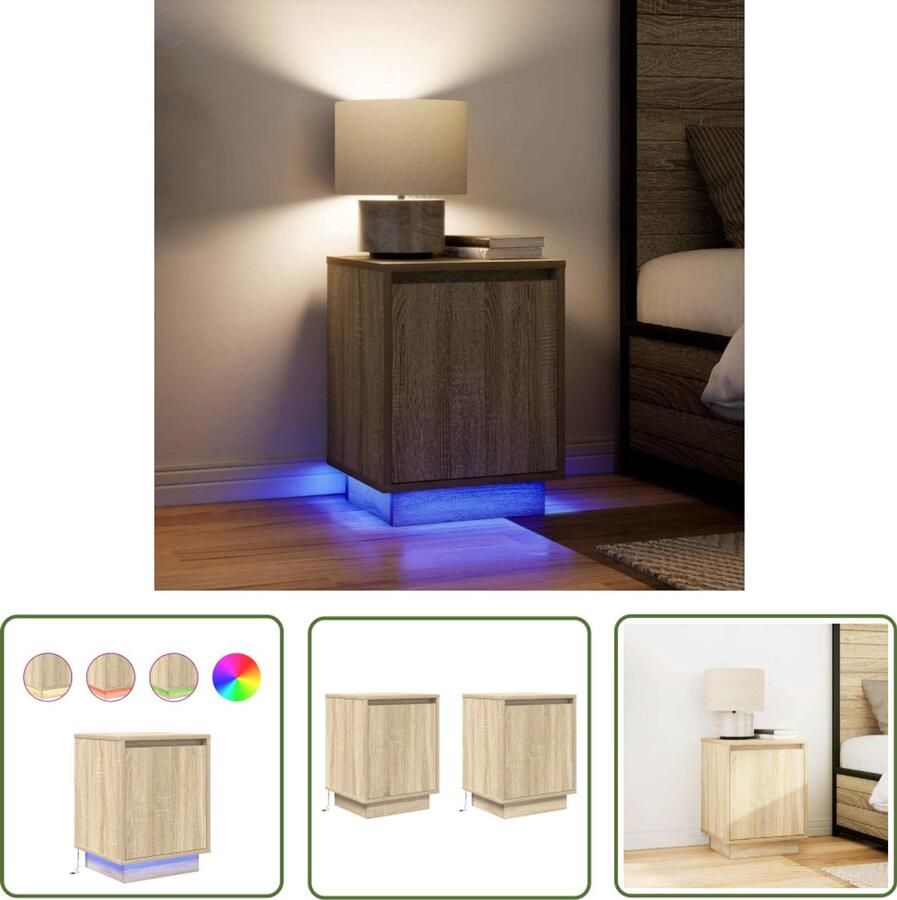The Living Store Nachtkastjes met led-verlichting 2 st Sonoma eikenkleurig Nachtkast Nachtkastje Lamptafel Leeslamp Houten Meubel