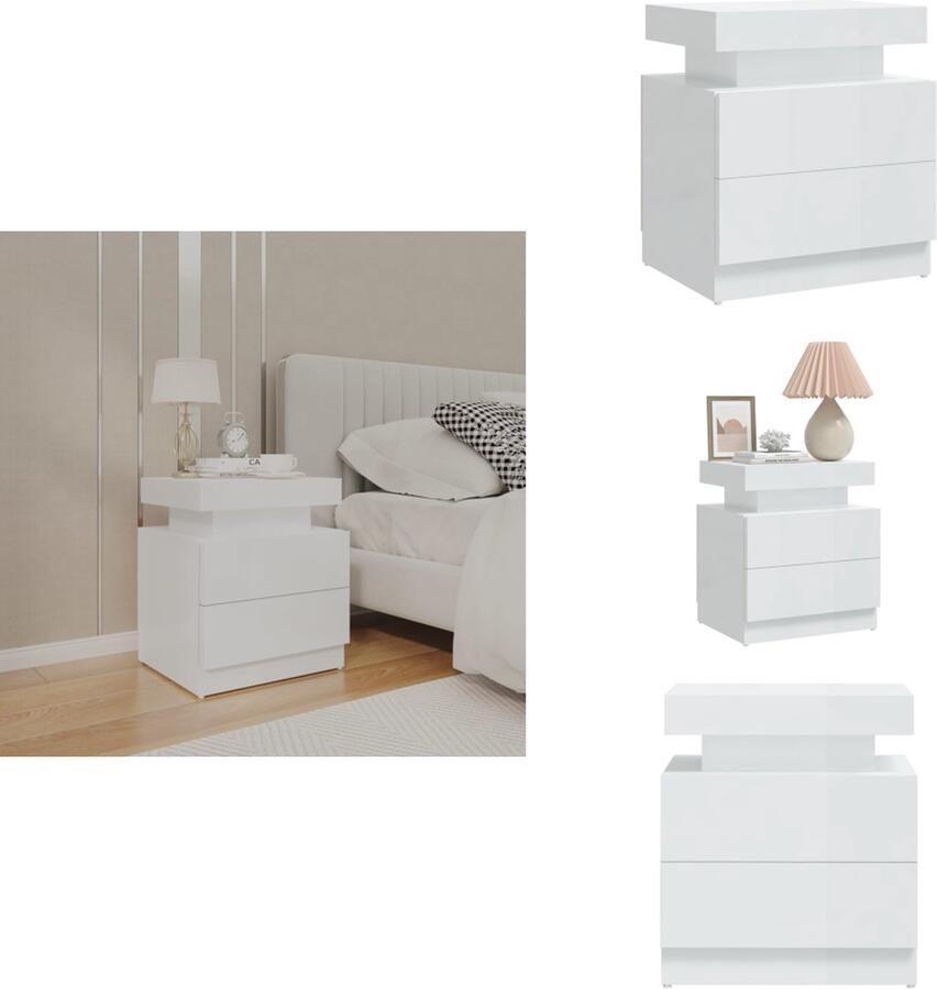 VidaXL Nachtkastje Nachtkastjes Bedkast Zijkast Nachtkastje 45x35x52 cm bewerkt hout hoogglans wit - Foto 2