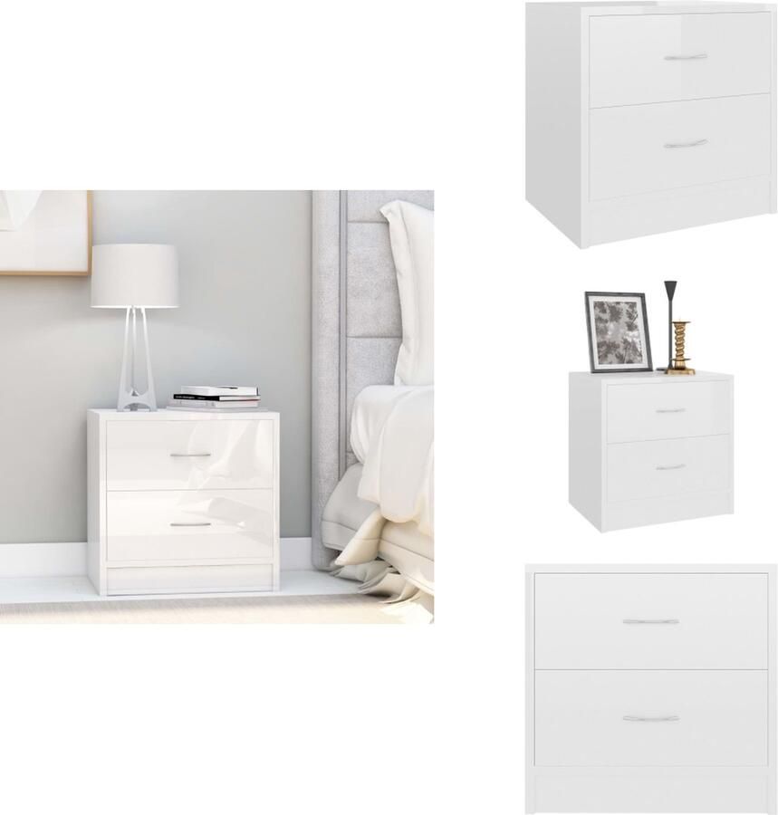 VidaXL Nachtkastje Klassieke Charme Opbergmeubel Afmetingen- 40 x 30 x 40 cm Kleur- Hoogglans Wit Materiaal- Spaanplaat Met 2 Lades Montage Vereist Kast