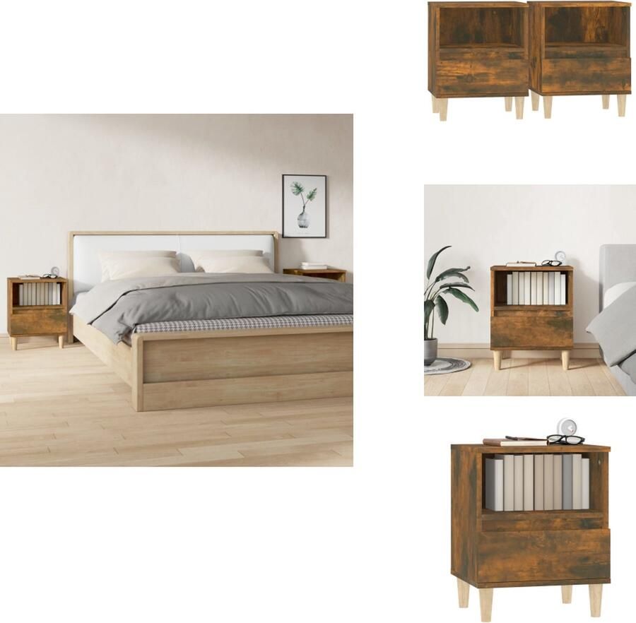 VidaXL Nachtkastje Gerookt Eiken 40 x 35 x 50 cm Elegant ontwerp duurzaam materiaal voldoende opbergruimte houten poten stabiel tafelblad 2x in doos Kast