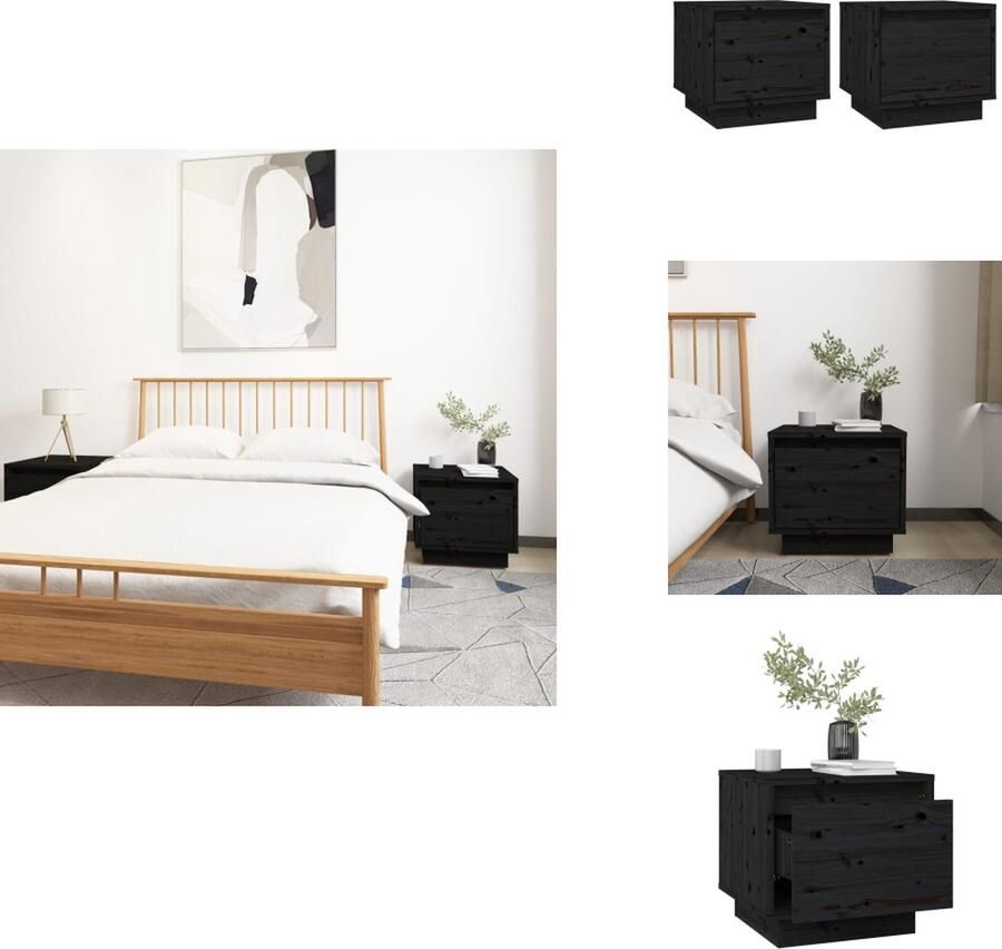 VidaXL Nachtkastje Nachtkastjes Bedtafeltje Bedkastje Nachtkastjes 2 st 35x34x32 cm massief grenenhout zwart