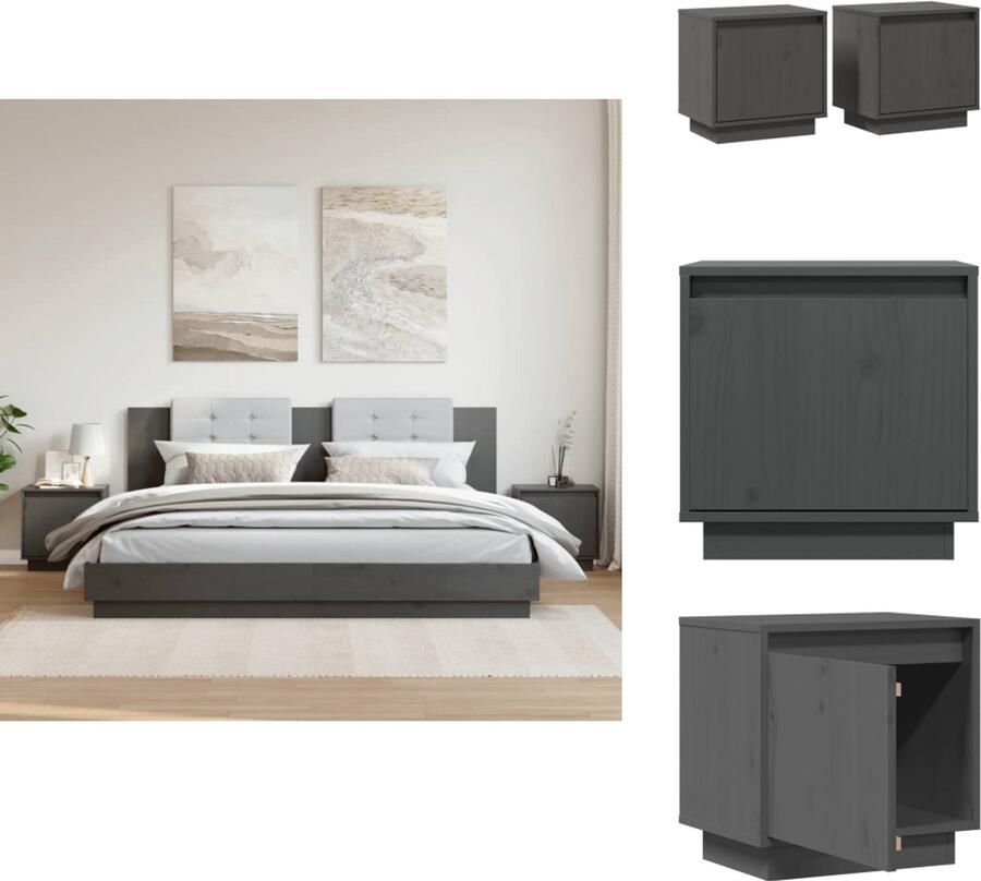 VidaXL Nachtkastje Nachtkastjes Bedtafeltje Bedkastje Nachtkastjes 2 st 40x30x40 cm massief grenenhout grijs - Foto 2