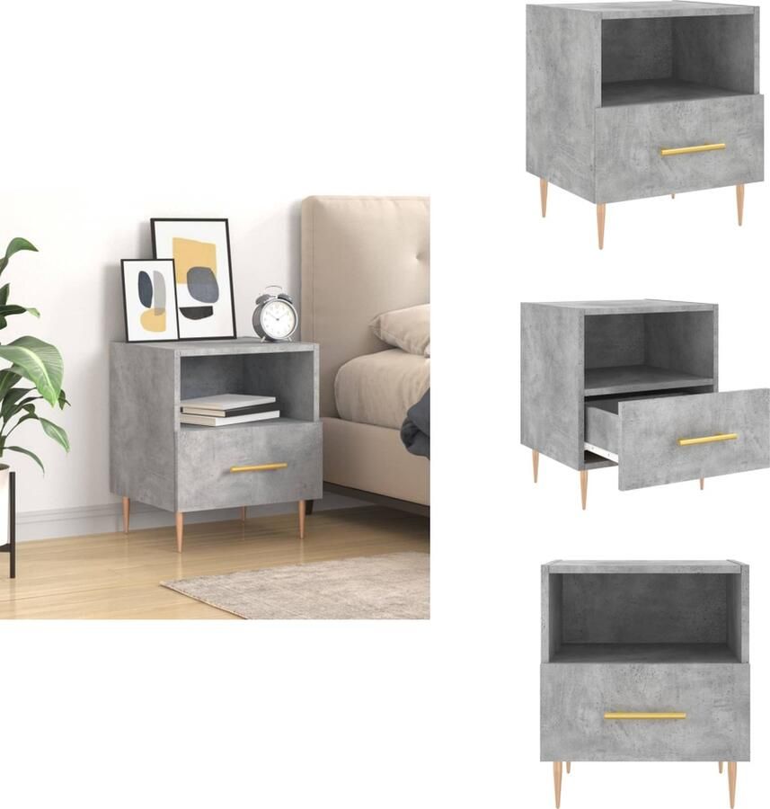 VidaXL Nachtkastje Betongrijs 40 x 35 x 47.5 cm Duurzaam hout Opbergruimte Displayfunctie Metalen voeten Kast - Foto 2