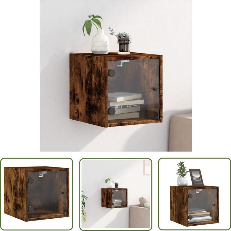 The Living Store Nachtkastje met glazen deur 35x37x35 cm gerookt eikenkleurig Nachtkastje Wandmontage Nachtkastje Met Lade Houten Nachtkastje Bruine Nachtkast - Foto 2