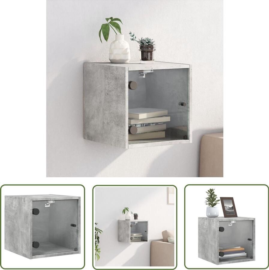 The Living Store Nachtkastje met glazen deur 35x37x35 cm betongrijs Nachtkastje Wandmontage Beton Grijs Houten Kast Opbergruimte - Foto 2