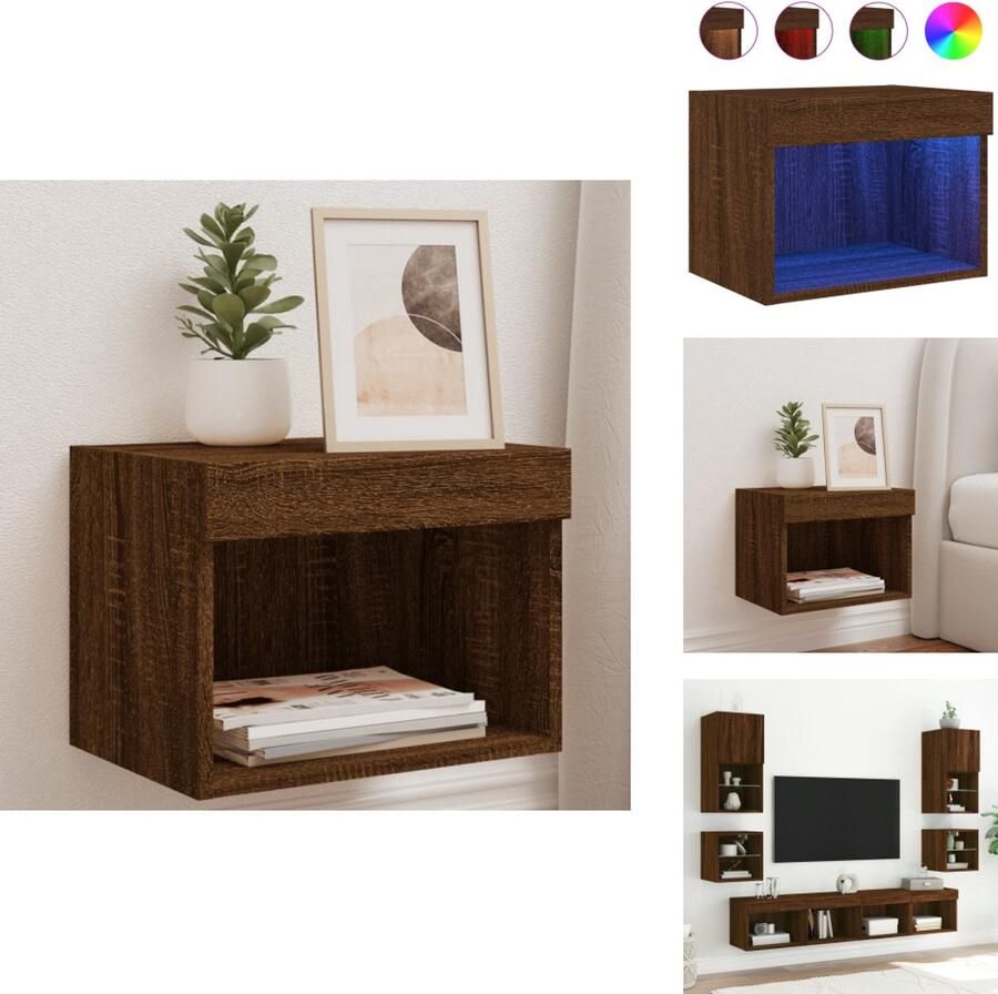 VidaXL Nachtkastje Nachtkastjes Bijzettafel Wandkastje Nachtkastje met LED's wandgemonteerd bruin eikenkleur - Foto 2