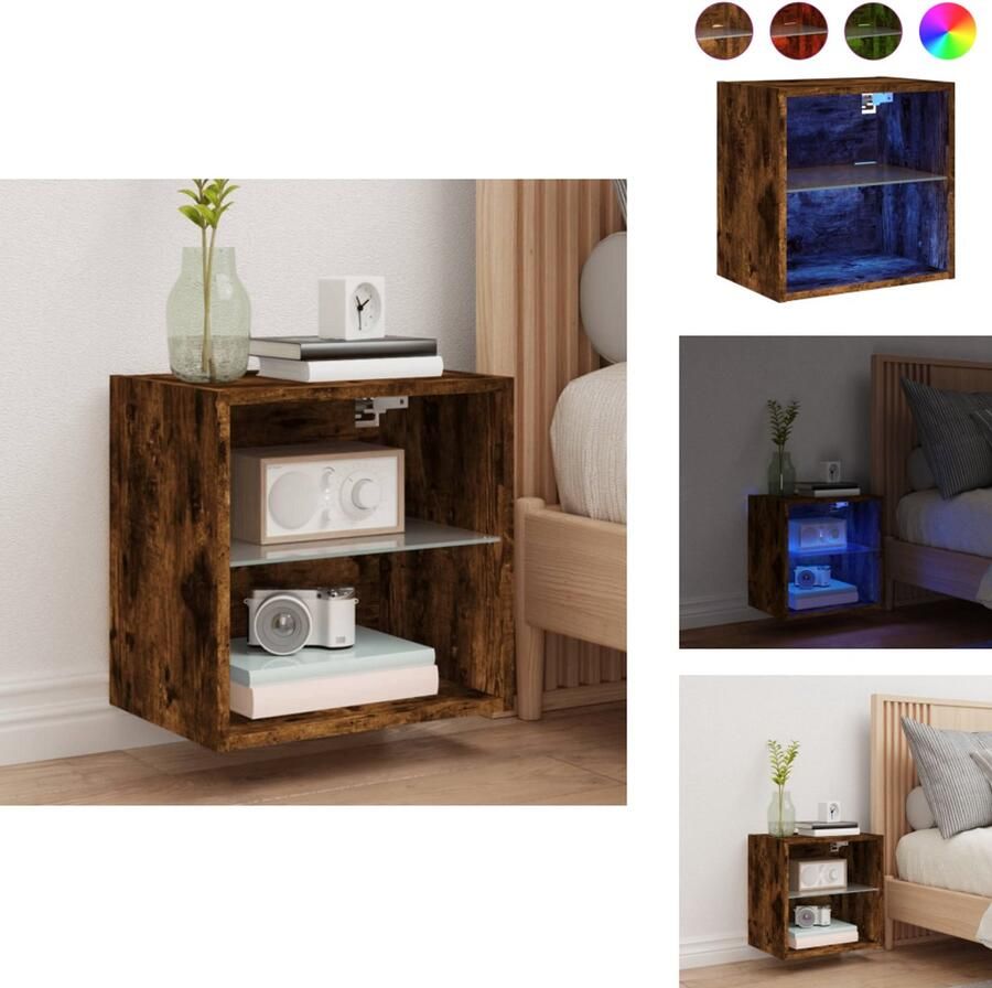 VidaXL Nachtkastje Nachtkastjes Bijzettafel Wandkastje Nachtkastje met LED's wandgemonteerd gerookt eikenkleurig - Foto 2