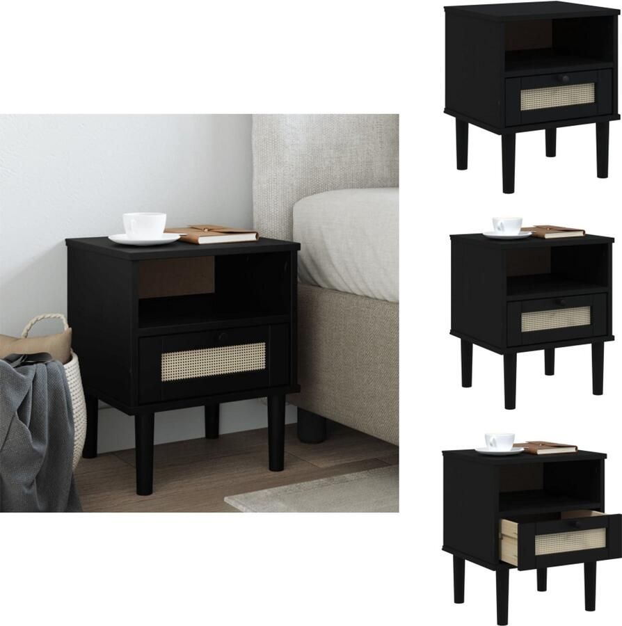 VidaXL Nachtkastje Nachtkastjes Bijzettafel Wandkastje Nachtkastje SENJA rattan-look 40x35x48 cm grenenhout zwart