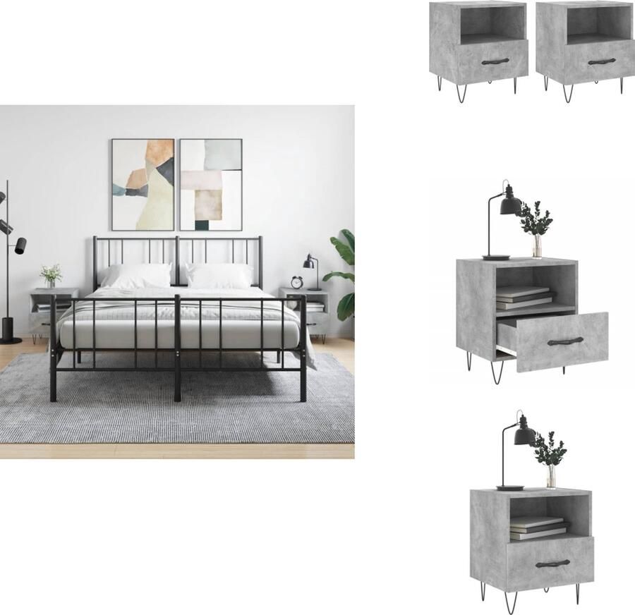 VidaXL Nachtkastjes Betongrijs 40 x 35 x 47.5 cm Duurzaam hout Opbergruimte Displayfunctie Metalen voeten Kast