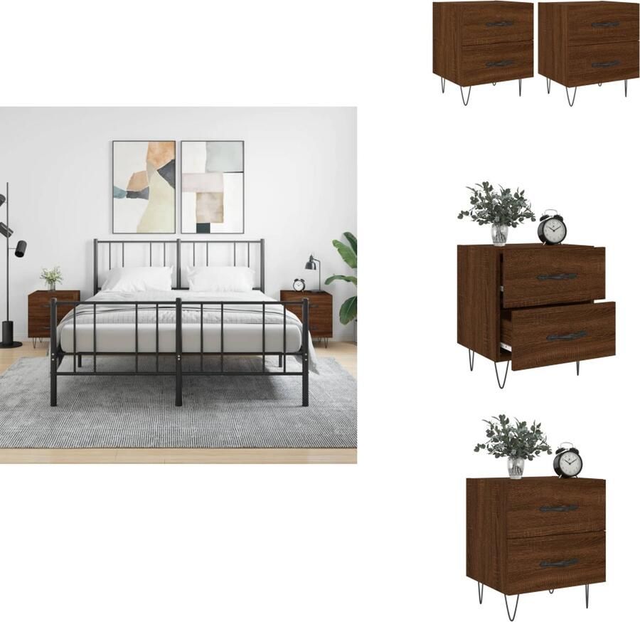 VidaXL Nachtkastje Nachtkastjes Bijzettafel Wandkastje Nachtkastjes 2 st 40x35x47-5 cm bewerkt hout bruineikenkleurig - Foto 2