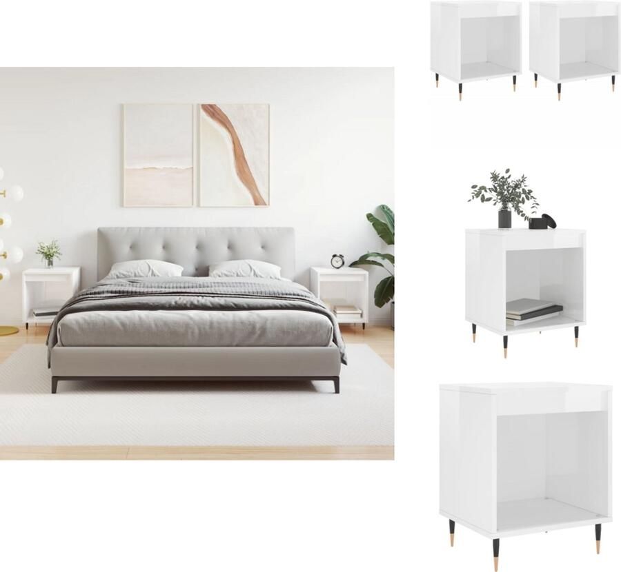 The Living Store Nachtkastjes 2 st 40x35x50 cm bewerkt hout hoogglans wit Nachtkastjes Nachtkast Kastje Slaapkamermeubel Houten Nachttafel - Foto 2