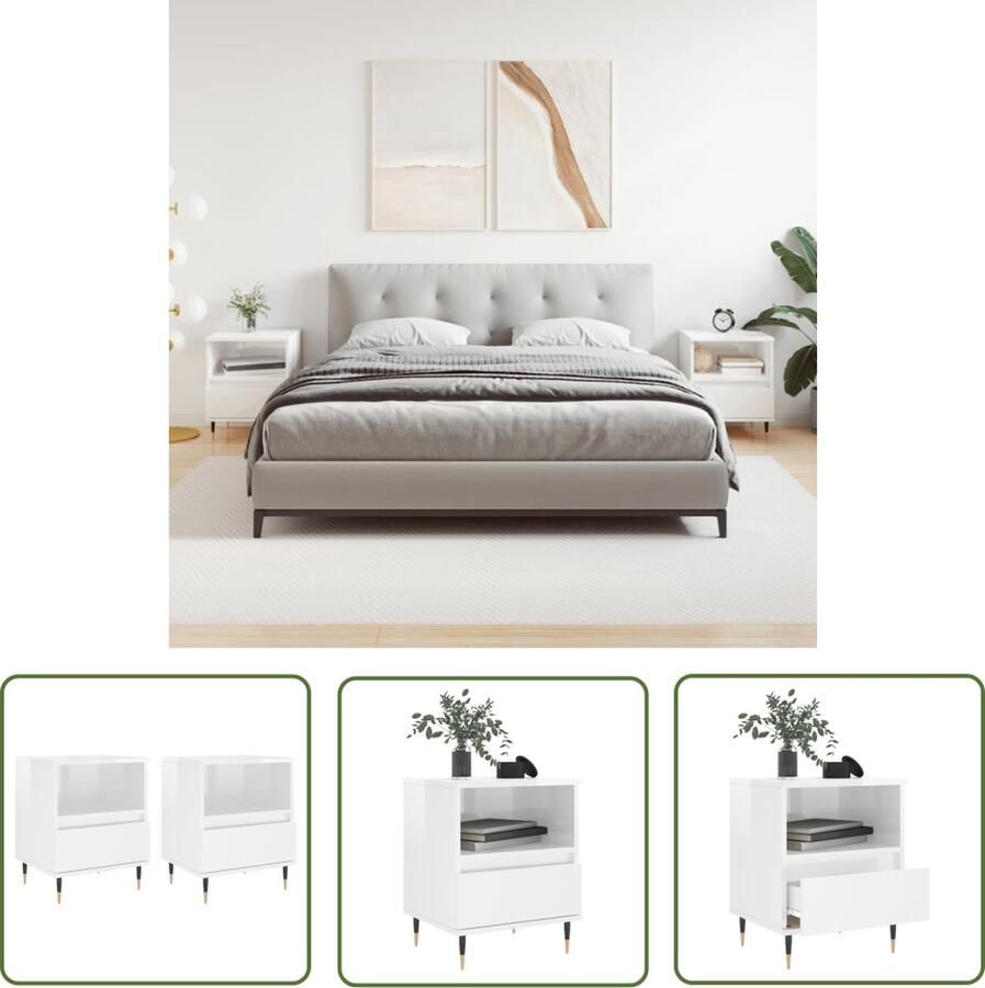 The Living Store Nachtkastjes 2 st 40x35x50 cm bewerkt hout hoogglans wit Nachtkastjes Nachtkast Kastje Slaapkamermeubel Houten Nachttafel - Foto 4