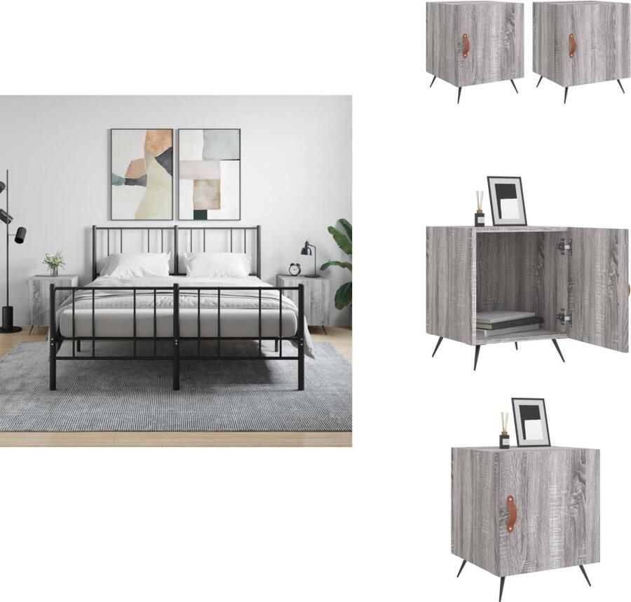 VidaXL Nachtkastjes Moderne Charme Opbergruimte Displayfunctie Metalen voeten Praktische deur Grijs Sonoma Eiken 40x40x50cm Kast