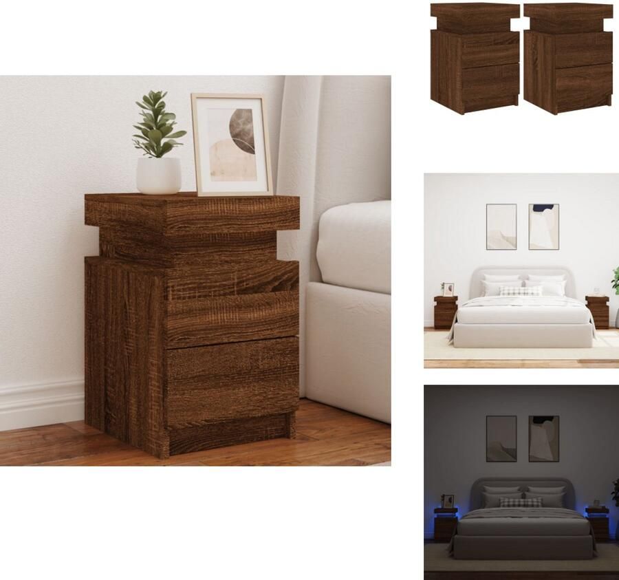 VidaXL -Nachtkastjes-met-LED-2-st-35x39x55-cm-bruineikenkleurig - Foto 4