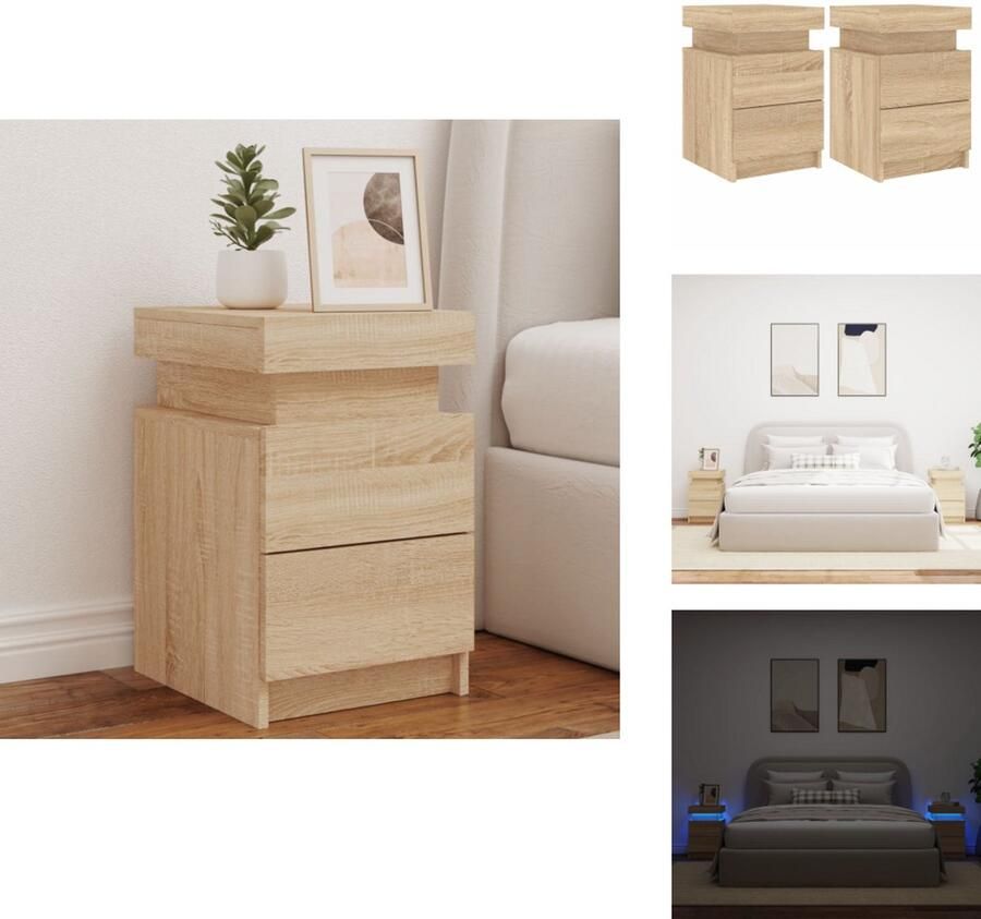 VidaXL Nachtkastje Nachtkastjes Bijzettafel Wandkastje Nachtkastjes met LED-verlichting 2 st 35x39x55 cm sonoma eiken