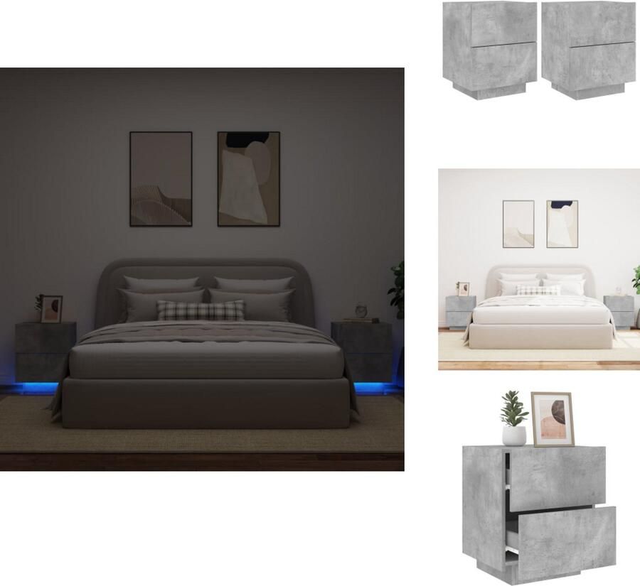 VidaXL Nachtkastje Nachtkastjes Bijzettafel Wandkastje Nachtkastjes met LED-verlichting 2 st bewerkt hout betongrijs