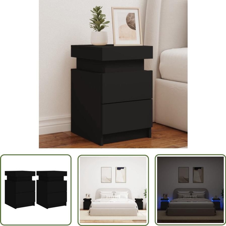 The Living Store Nachtkastjes met LED-verlichting 2 st 35x39x55 cm zwart Nachtkastjes Modern Slaapkamers Led Verlichting Zwarte Nachtkastjes - Foto 3