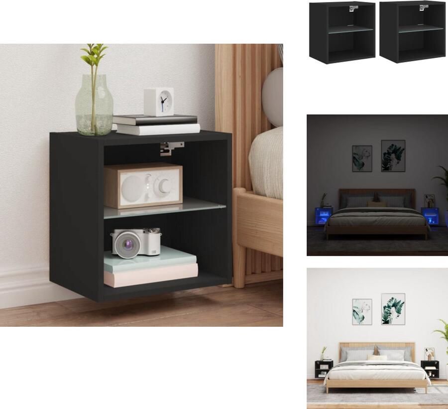 VidaXL Nachtkastje Nachtkastjes Bijzettafel Wandkastje Nachtkastjes met LED's 2 st wandgemonteerd zwart