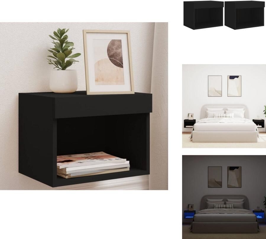 VidaXL Nachtkastje Nachtkastjes Bijzettafel Wandkastje Nachtkastjes met LED's 2 st wandgemonteerd zwart