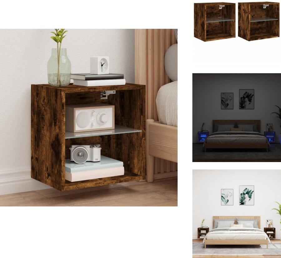 VidaXL Nachtkastje Nachtkastjes Bijzettafel Wandkastje Nachtkastjes met LED's 2 st wandgemonteerd gerookt eikenkleurig