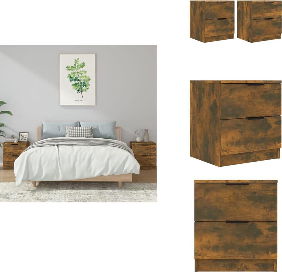 VidaXL Nachtkastje Nachtkastjes Houten Nachtkastje Houten Nachtkastjes 2 st bewerkt hout gerookt eikenkleurig - Foto 2