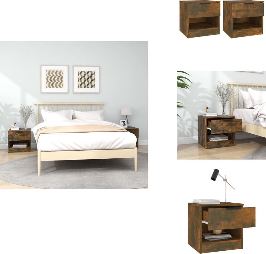 VidaXL Nachtkastje Nachtkastjes Houten Nachtkastje Houten Nachtkastjes 2 st bewerkt hout gerookt eikenkleurig - Foto 3