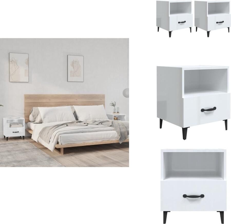 VidaXL Nachtkastje Nachtkastjes Houten Nachtkastje Houten Nachtkastjes 2 st bewerkt hout hoogglans wit - Foto 2