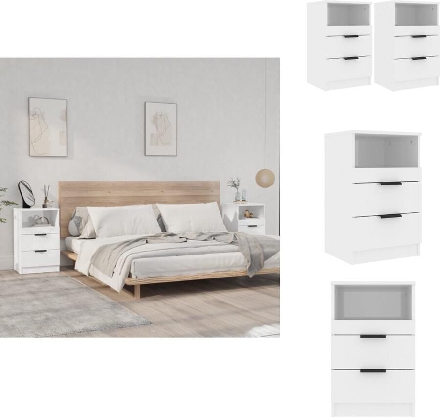 VidaXL Nachtkastje Nachtkastjes Houten Nachtkastje Houten Nachtkastjes 2 st bewerkt hout hoogglans wit - Foto 3