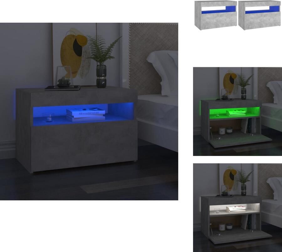 The Living Store Nachtkastjes 2 st met LED-verlichting 60x35x40 cm betongrijs Nachtkastje Slaapkamermeubel Led Lamp Rgb Licht Beton Grijs - Foto 2