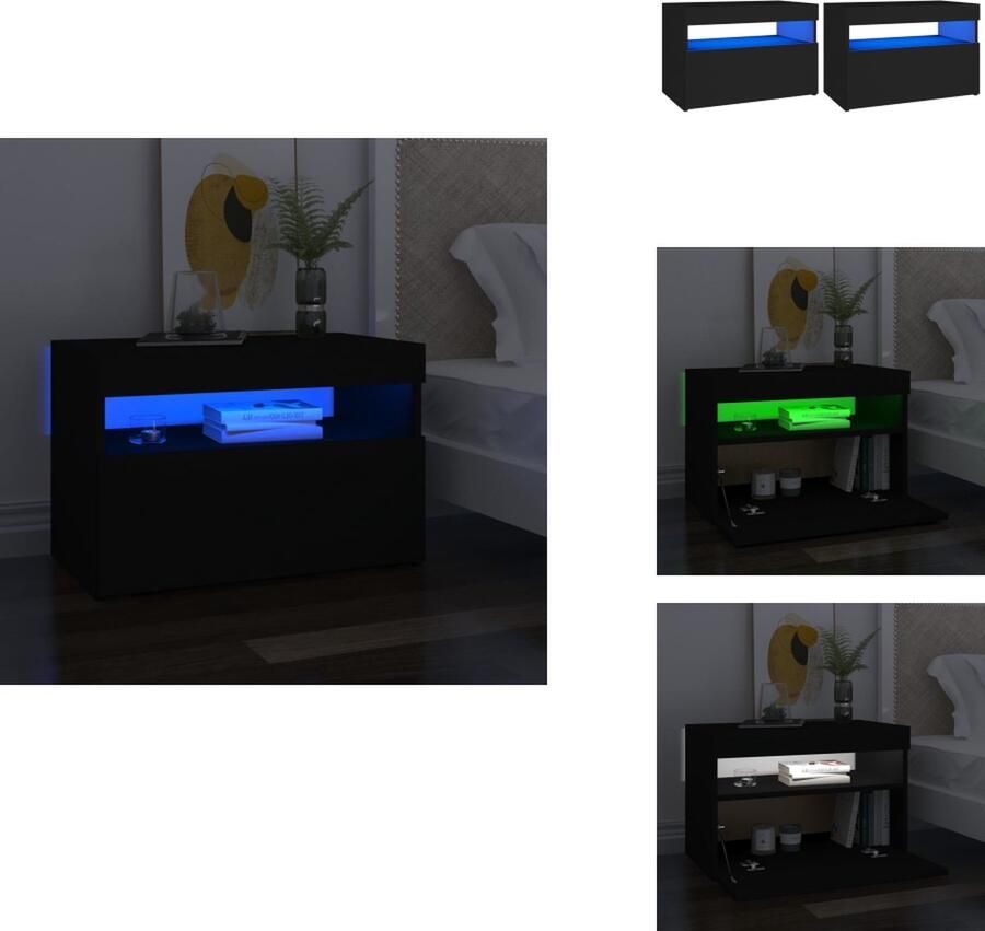 VidaXL Nachtkastje Nachtkastjes Houten Nachtkastje Houten Nachtkastjes Nachtkastje 2 st LED-verlichting 60x35x40 cm bewerkt hout zwart