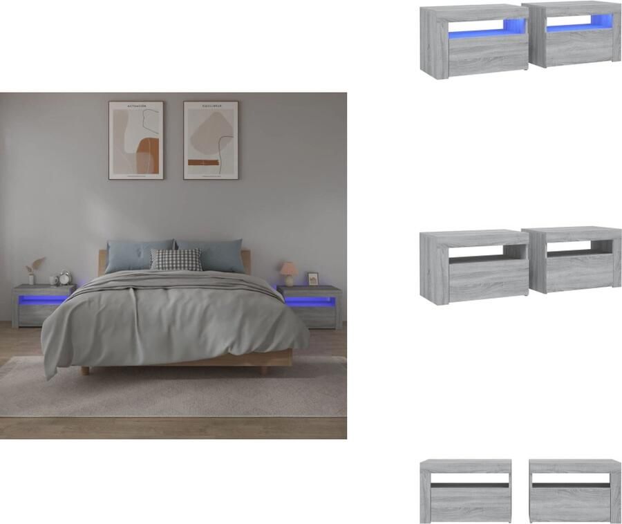 VidaXL Nachtkastje Nachtkastjes Houten Nachtkastje Slaapkamerkast Nachtkastje 2 st met LED-verlichting 60x35x40 cm grijs sonoma - Foto 2