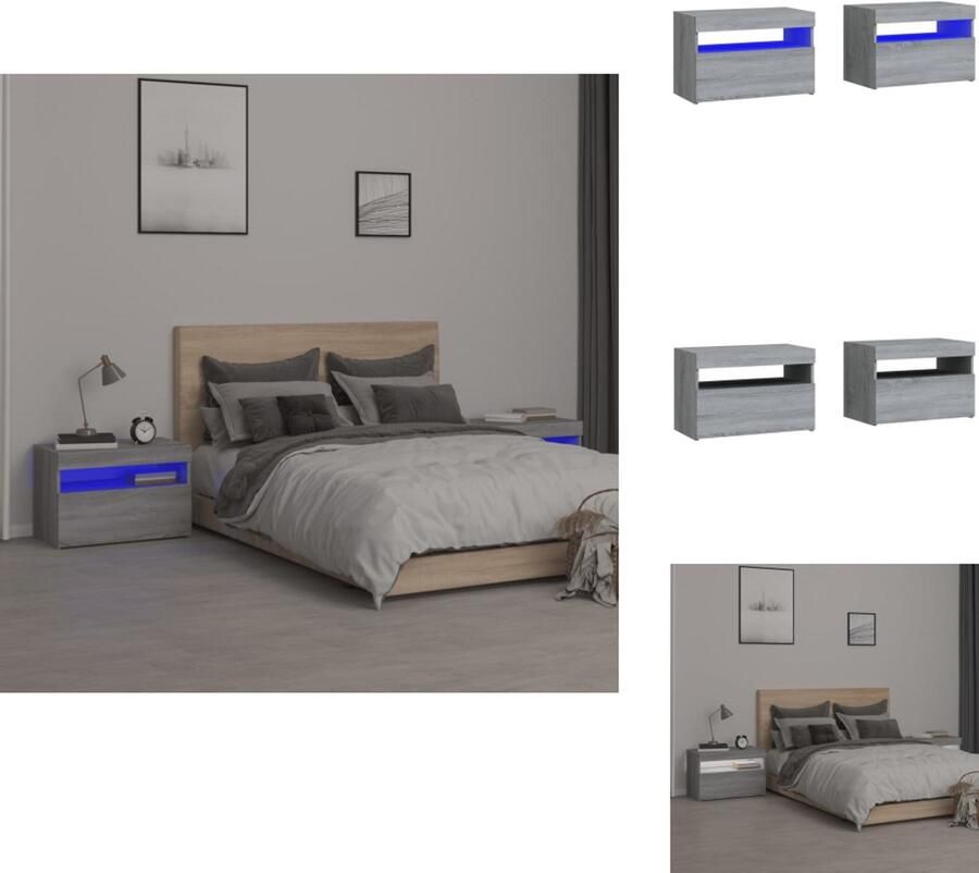 VidaXL Nachtkastje Nachtkastjes Houten Nachtkastje Slaapkamerkast Nachtkastje 2 st met LED-verlichting 60x35x40 cm grijs sonoma